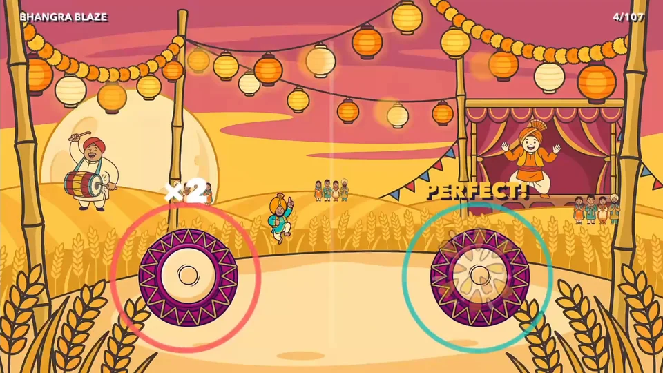 Actual Bhangra Blaze gameplay: a dancer leaps between two drum targets