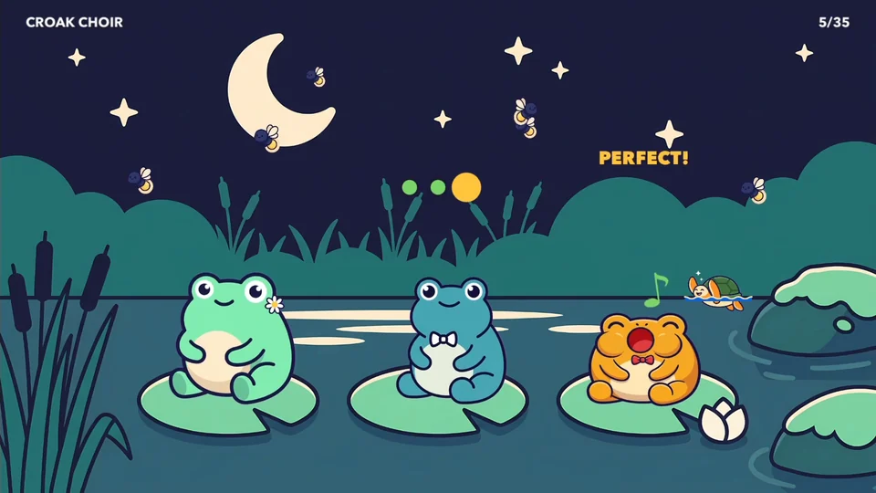 Actual Croak Choir gameplay: three frogs singing on lily pads