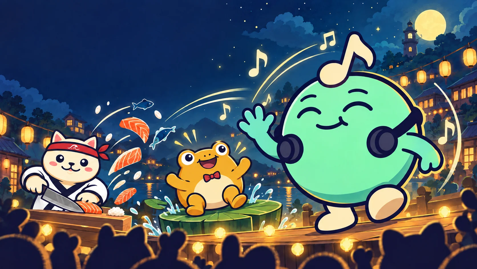 Riffy waves from a lantern-lit stage with a sushi chef and a singing frog