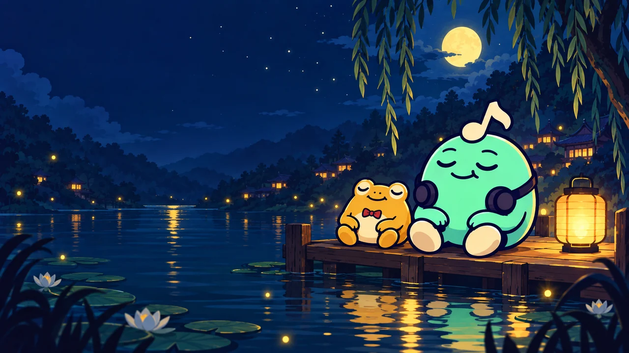 Promotional illustration of Riffy and a frog listening beside a moonlit pond
